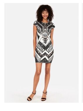 Express Black and White Geometric Sequin Mini Dress